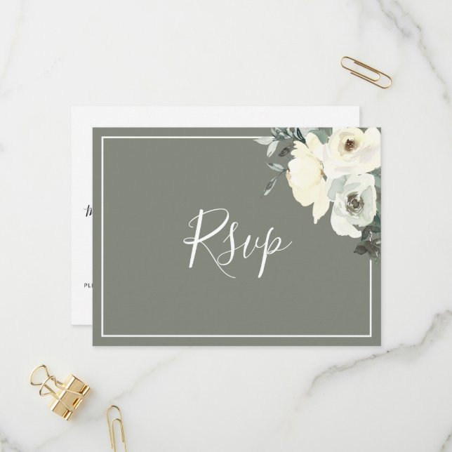 Elegant Olive Green RSVP Postcard with Meal Choice (Front/Back In Situ)
