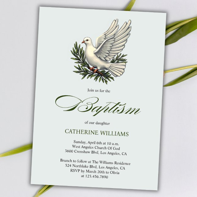 Elegant Olive Green Script White Dove Baptism  Invitation (Elegant Green Script White Dove and Olive Branch Baptism Invitation)