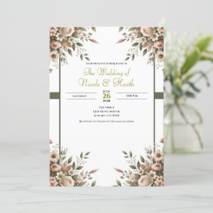 Elegant Olive Green & White Floral Corner Wedding  Invitation