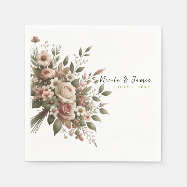 Elegant Olive Green & White Floral Corner Wedding  Napkin (Front)