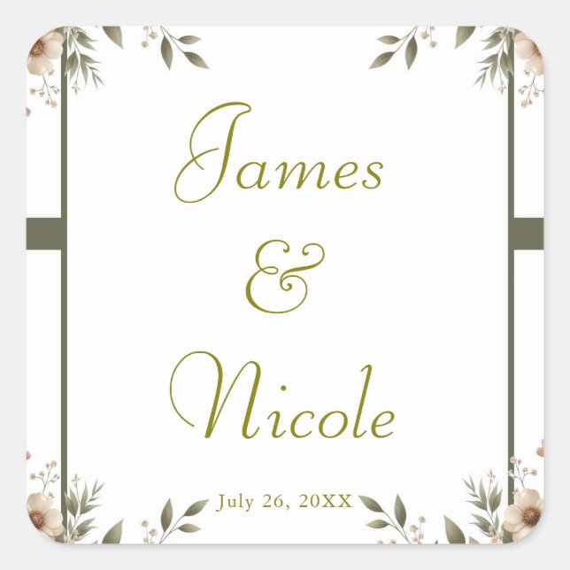 Elegant Olive Green & White Floral Corner Wedding  Square Sticker (Front)
