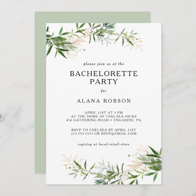 Elegant Olive Greenery Bachelorette Party Invitati Invitation (Front/Back)