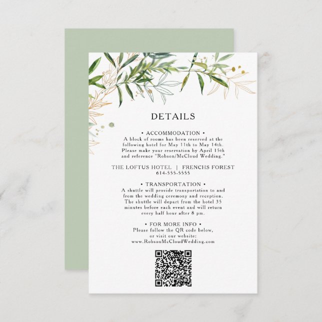 Elegant Olive Greenery Details QR Code Enclosure Card (Front/Back)