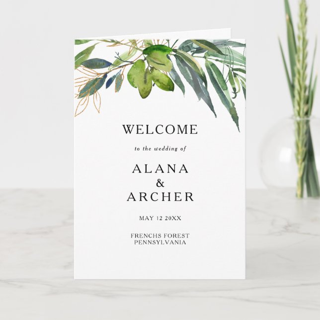 Elegant Olive Greenery Folded Wedding Program (Front)
