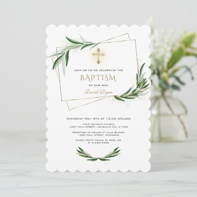 Elegant Olive Greenery Gold Cross Baptism Invitation (Standing Front)
