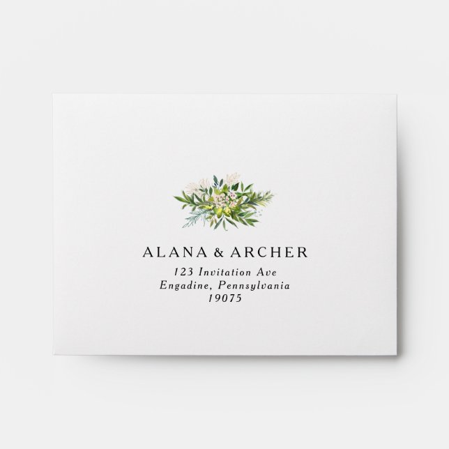 Elegant Olive Greenery Self Addressed RSVP Envelope (Front)