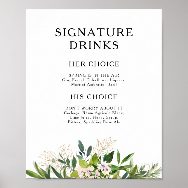 Elegant Olive Greenery Signature Drinks Sign (Front)