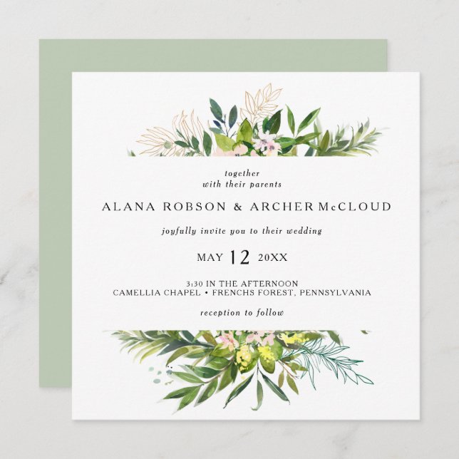 Elegant Olive Greenery Square Wedding Invitation (Front/Back)