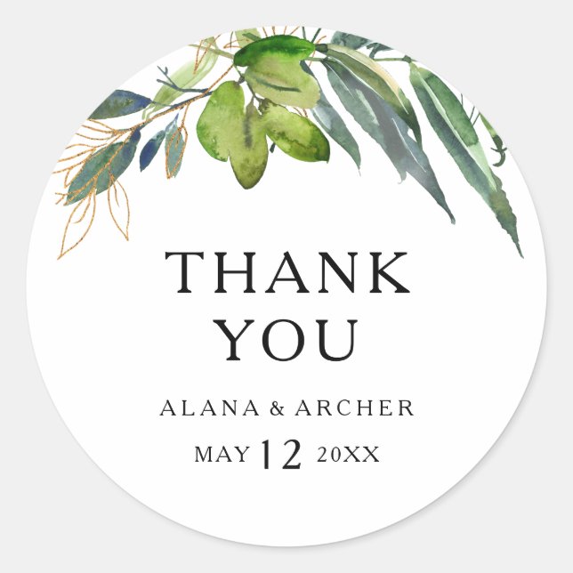 Elegant Olive Greenery Thank You Wedding Favour Classic Round Sticker (Front)