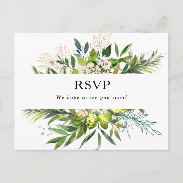 Elégant Olive Greenery Wedding Carte postale RSVP (Devant)