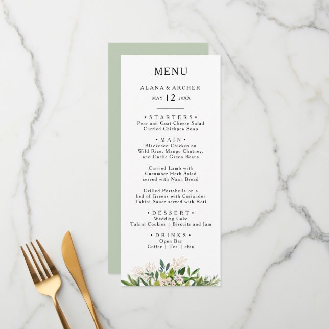 Elegant Olive Greenery Wedding Dinner Menu (Front/Back In Situ)