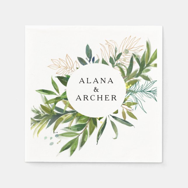 Elegant Olive Greenery Wedding Napkins (Front)