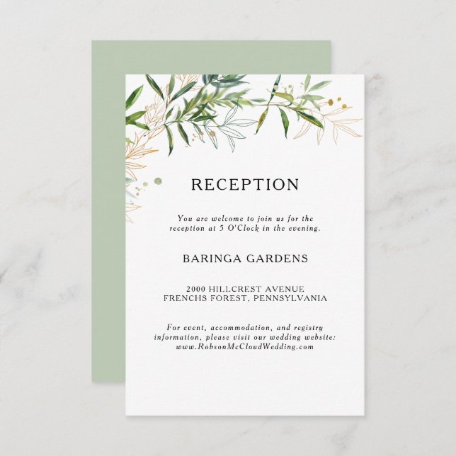 Elegant Olive Greenery Wedding Reception Card (Front/Back)