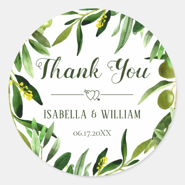 Elegant Olive Leaf Boho Garden Wedding Thank You Classic Round Sticker (Front)