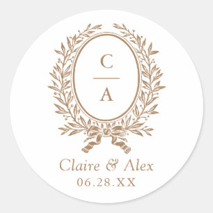 Elegant Olive Leaf Crest Gold Wedding Monogram Classic Round Sticker