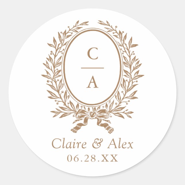 Elegant Olive Leaf Crest Gold Wedding Monogram Classic Round Sticker (Front)