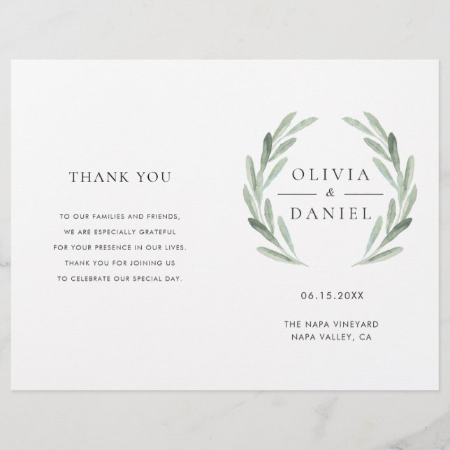 Elegant Olive Leaf Wreath Folded Wedding Program (Front)