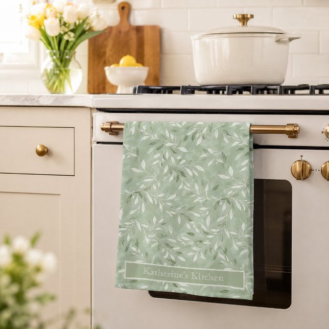 Elegant Olive Leaves Pattern Custom Name Kitchen Towel (Creator Uploaded)