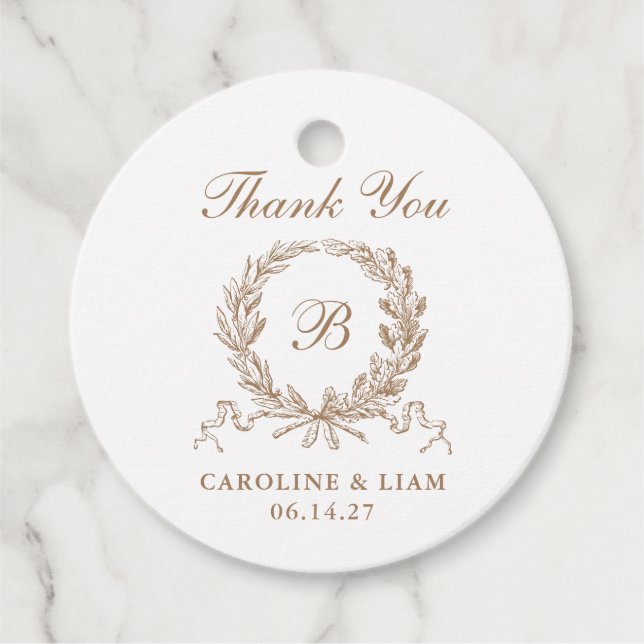 Elegant Olive Oak Crest Gold Wedding Monogram Favour Tags (Front)