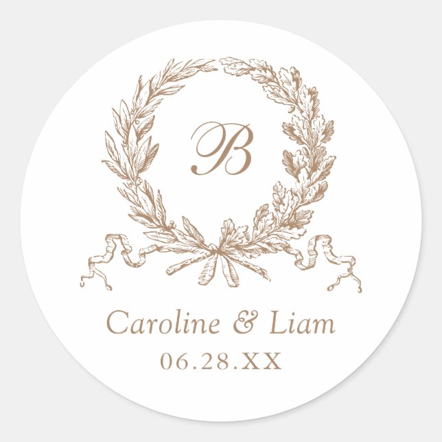 Elegant Olive Oak Wreath Gold Wedding Monogram Classic Round Sticker (Front)