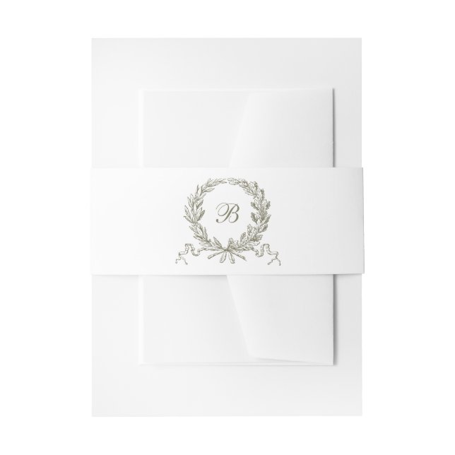 Elegant Olive Oak Wreath Sage Wedding Monogram Invitation Belly Band (Front Example)