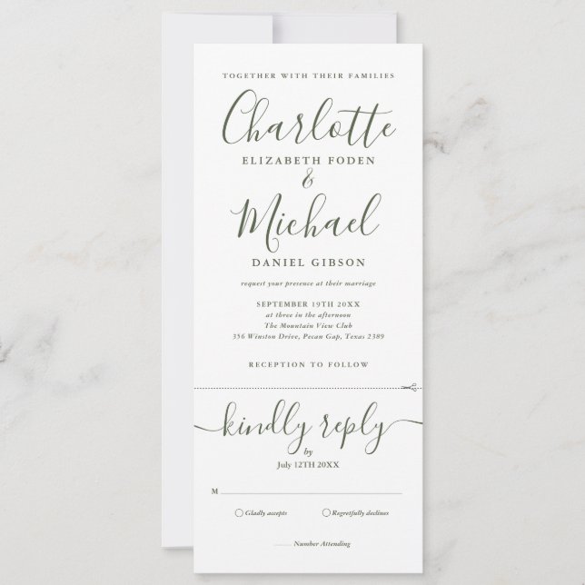 Elegant Olive Script All In One Photo Wedding Invitation (Front)