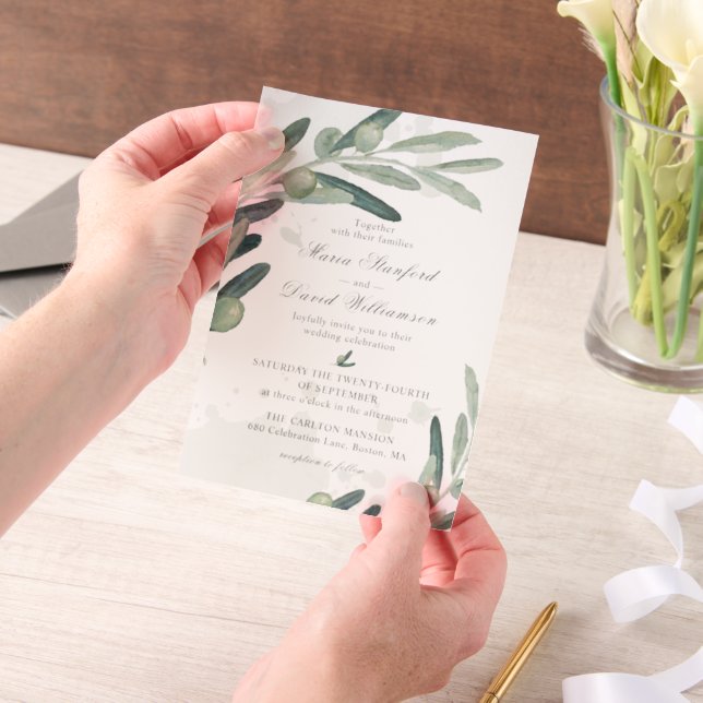 Elegant Olive Sprig Branch Greenery Wedding Vellum Invitations (Handheld)