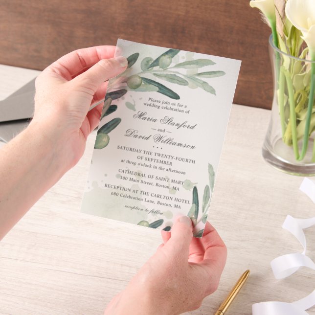 Elegant Olive Sprig Branch Greenery Wedding Vellum Invitations (Handheld)