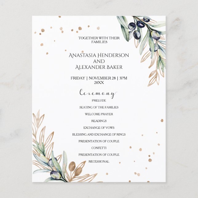 Elegant olive Wedding Program card. (Front)