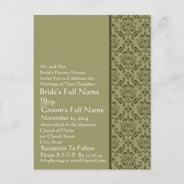 Elegant  Olive & White Damask  Wedding Invitation (Front)