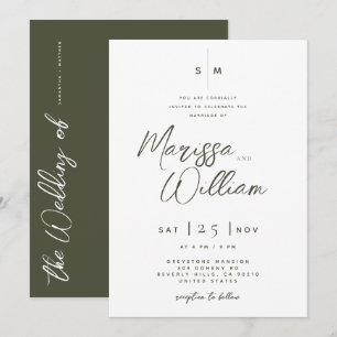 Elegant Olive & White Modern Script Wedding Invitation