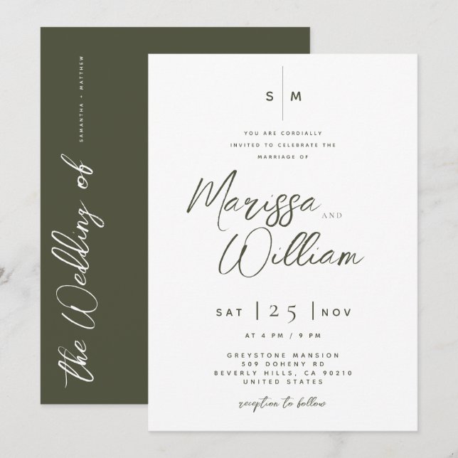 Elegant Olive & White Modern Script Wedding  Invitation (Front/Back)