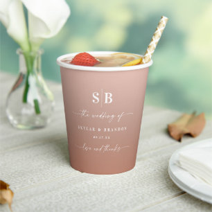 Elegant Ombre Clay & Pink Monogrammed Wedding Paper Cups