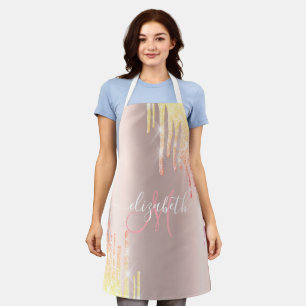 Elegant Ombre Glitter Drips Drops Monogram Apron