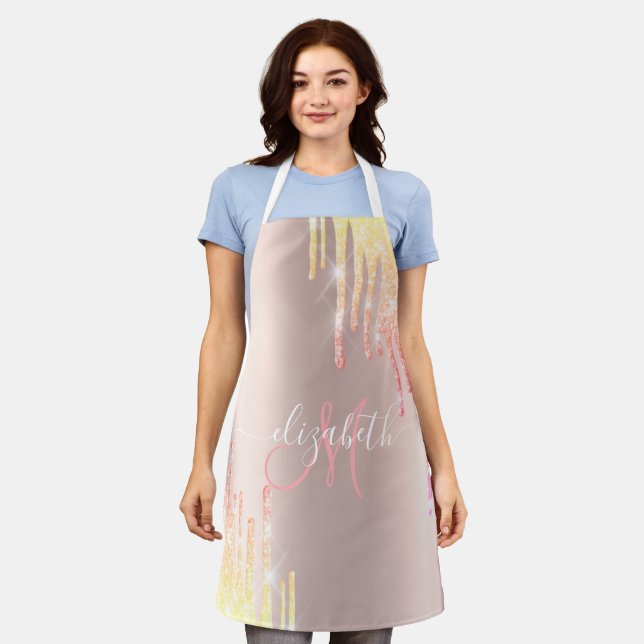 Elegant Ombre Glitter Drips Drops Monogram Apron (Worn)
