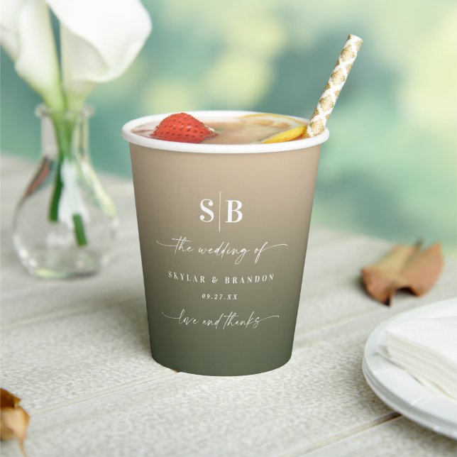 Elegant Ombre Green & Gold Monogrammed Wedding Paper Cups (Insitu)