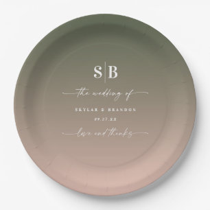 Elegant Ombre Green & Pink Monogrammed Wedding Paper Plate