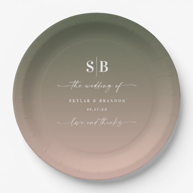 Elegant Ombre Green & Pink Monogrammed Wedding Paper Plate (Front)