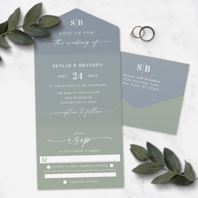 Elegant Ombre Monogram Dusty Blue & Green Wedding All In One Invitation (Creator Uploaded)