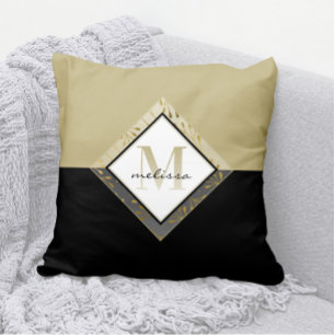 Elegant Ombre Monogram + Name Black + Tan + Gold Throw Pillow