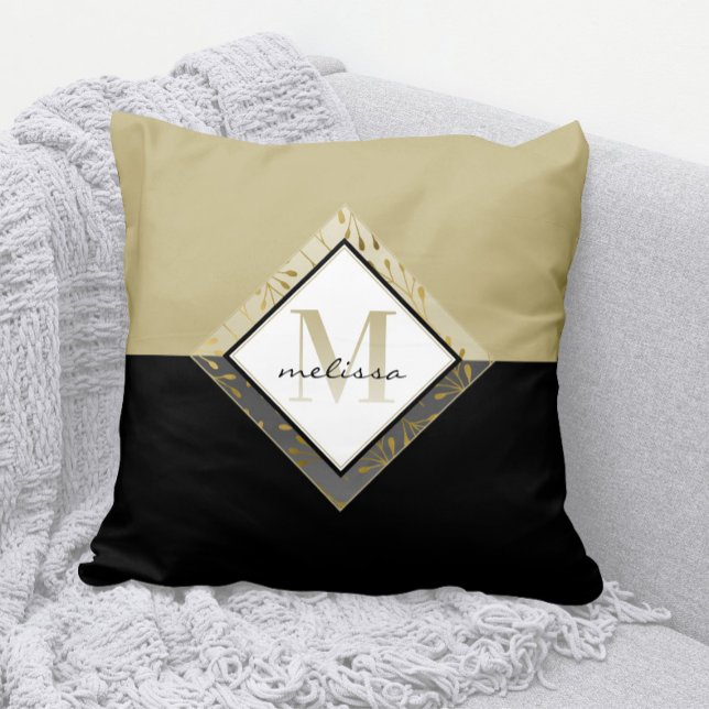 Elegant Ombre Monogram + Name Black + Tan + Gold Throw Pillow (Elegant Ombre Monogram Throw Pillow with Any Name )