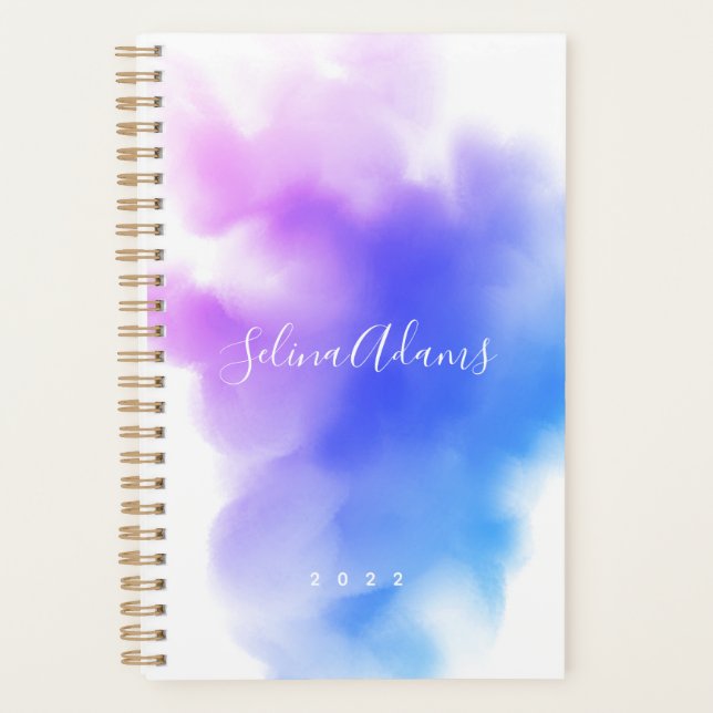 Elegant Ombre Pink Blue Watercolor Script Abstract Planner (Front)