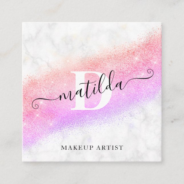 Elegant ombre purple glitter marble makeup artist square business card (Front)