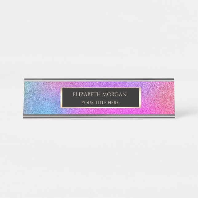 Elegant Ombre Violet Glitter Frame Desk Name Plate (Front)