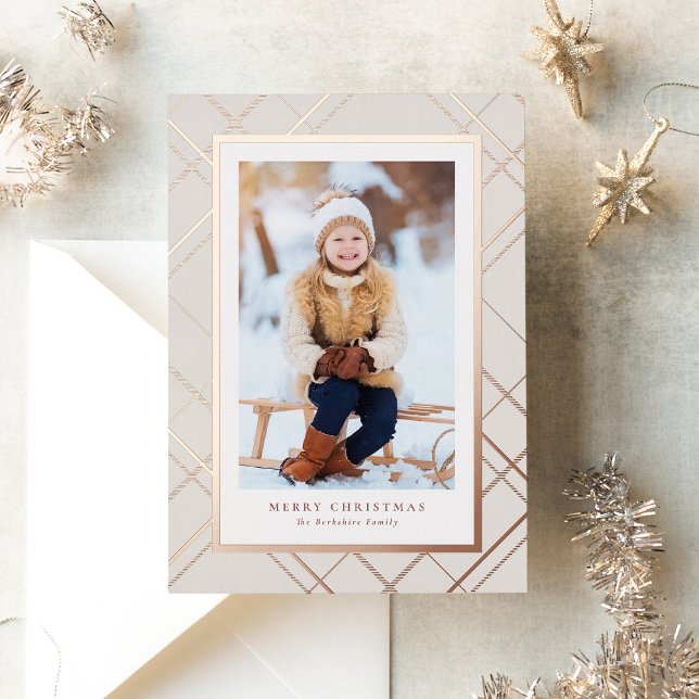 Elegant one photo rose gold modern Christmas Foil Holiday Card (Creator Uploaded)
