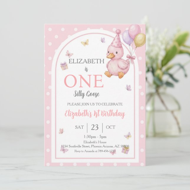 Elegant One Silly Goose Pink Bow Girl 1st Birthday Invitation (Standing Front)