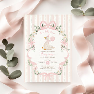 Elegant One Silly Goose Pink Bow Girl 1st Birthday Invitation