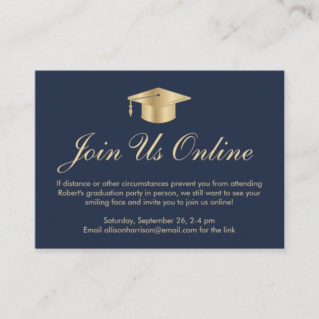 Elegant Online Option Blue Gold Graduation Party Enclosure Card (Front)