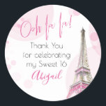 Elegant Ooh la la Paris Eiffel Tower Pink White Classic Round Sticker<br><div class="desc">Elegant stickers which you can customize for any occasion and use as favour labels, envelope seals etc. Parisian chic design with Ooh la la! exclamation and pink script typography. The Paris Eiffel Tower is a watercolor illustration with pink and gold highlights, surrounded with subtle pink bokeh. The template is ready...</div>
