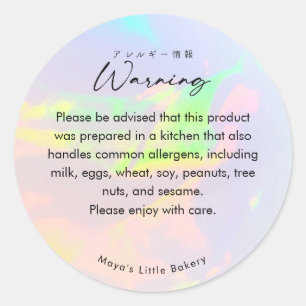 Elegant Opal Rainbow Script Food Allergy Warning Classic Round Sticker